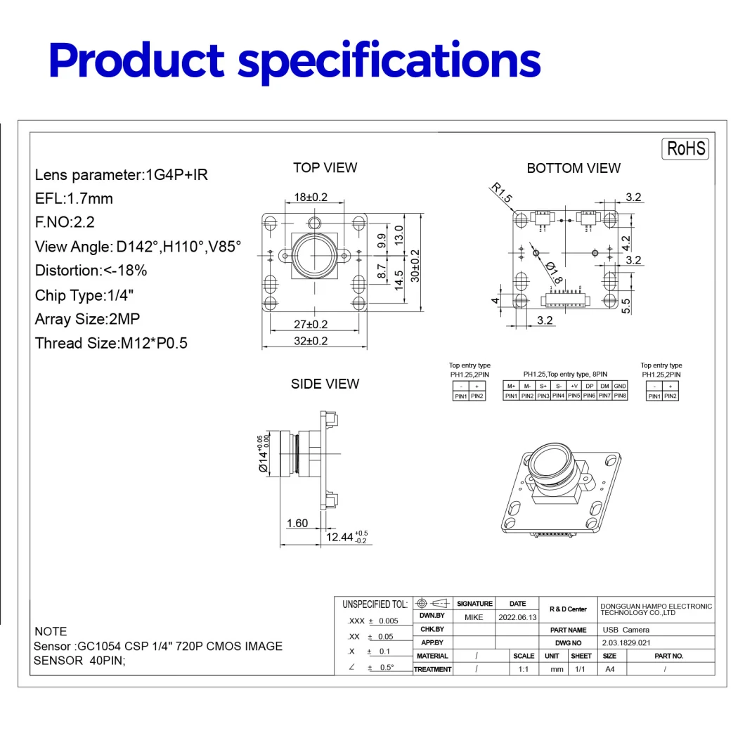 China Supplier Gc1054 Sensor 720p HD Fixed Focus High Sensitivity CMOS Camera Module for Robot Vision