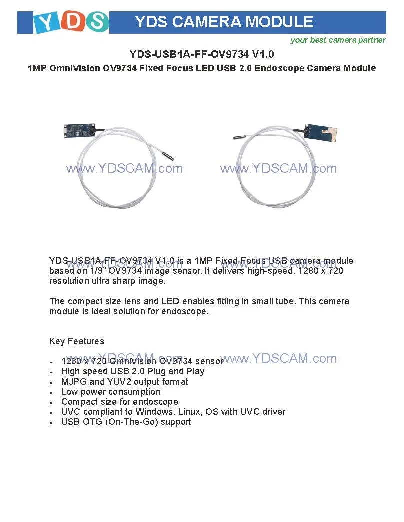 Yds-USB1a-FF-Ov9734 V1.0 1MP Ov9734 Fixed Focus LED USB 2.0 Endoscope Camera Module