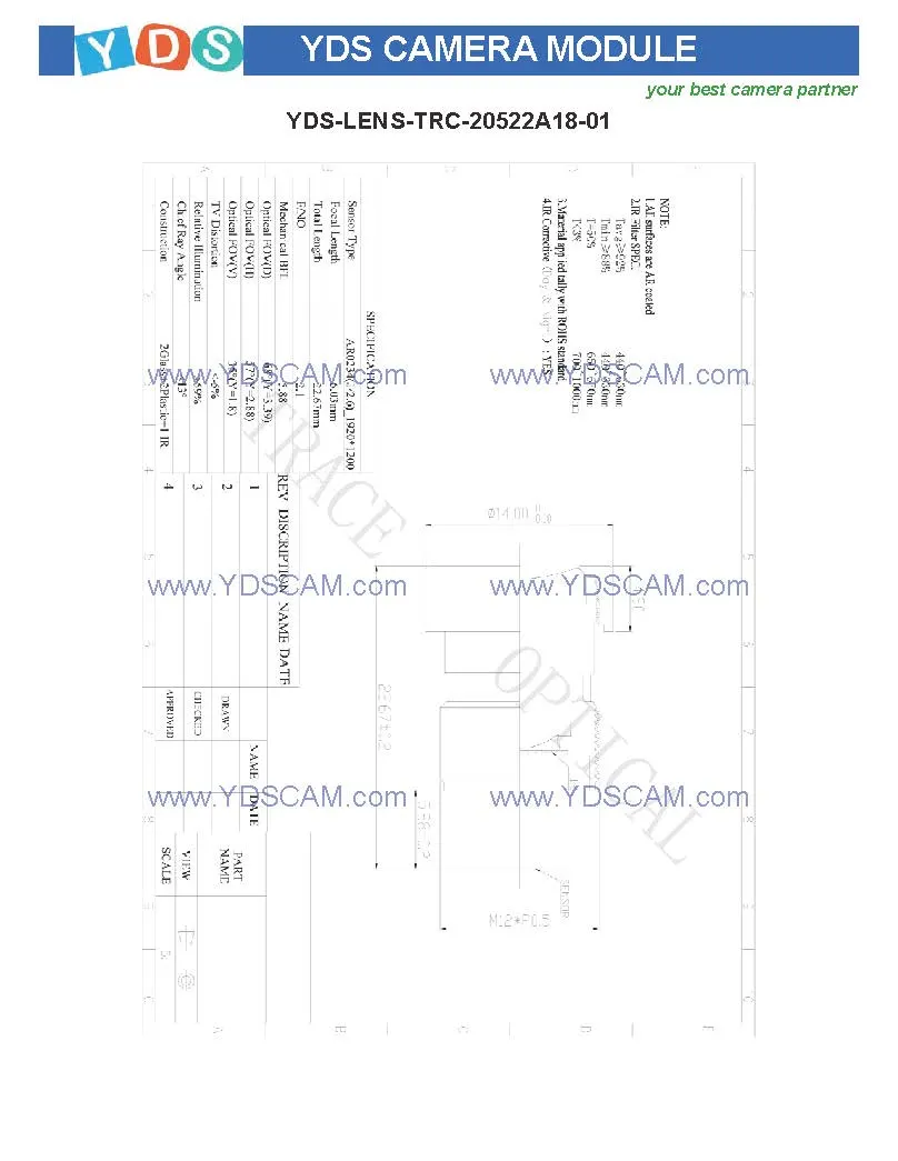 Yds-Dmt-Ar0234 V1.0 IR940s 2.3MP Ar0234 Global Shutter Mipi Interface 940nm IR Pass Global Shutter Auto Focus Camera Module