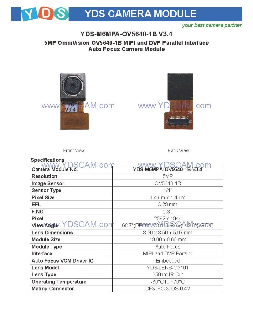 Yds-M6MPa-Ov5640-1b V3.4 5MP Ov5640-1b Mipi and Dvp Parallel Interface Auto Focus Camera Module